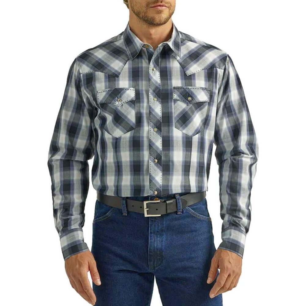 WRANGLER Western Snap Shirt Grey Plaid with Top Stitching (XL)